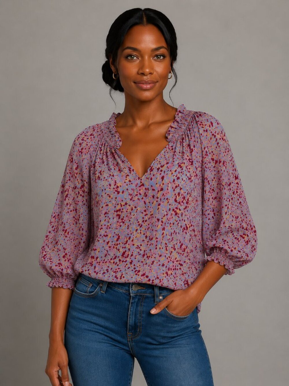 Gilner Farrar Ellie Blouse Balloon Sleeve V-Neck Pink Multi Boho Top XS